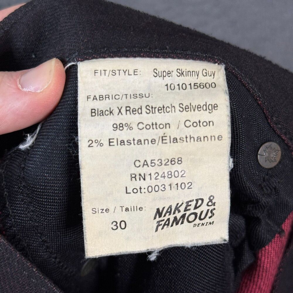 Naked & Famous Jeans Mens 30x30 Black Super Skinny Guy Stretch Selvedge Denim - Picture 15 of 16